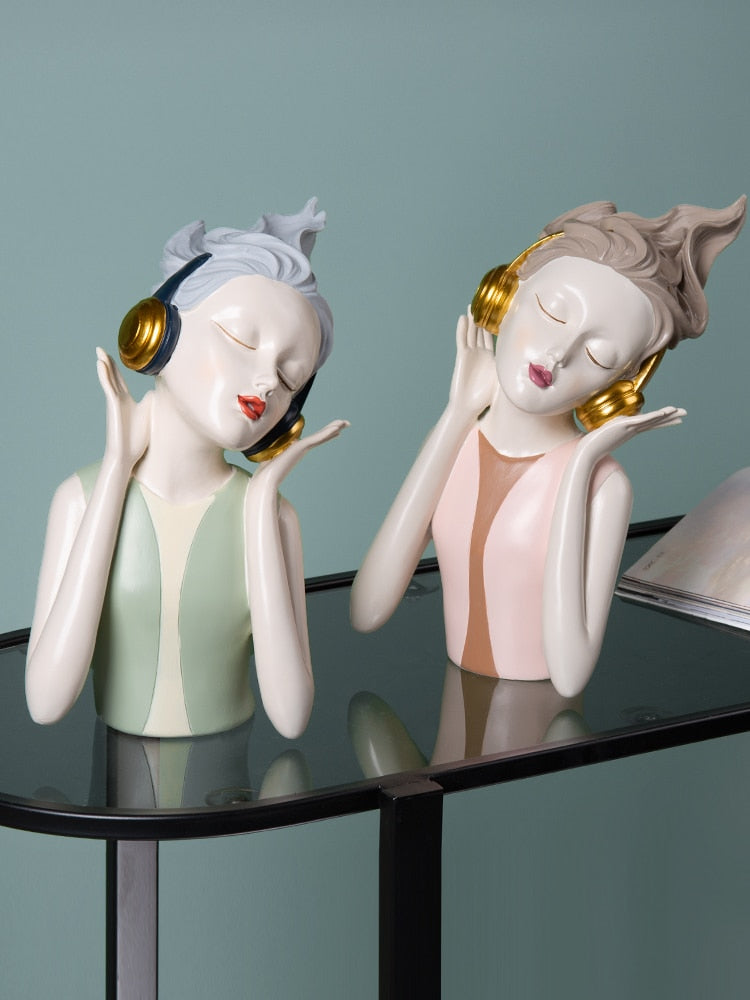Elegant Headphone Girls Statue for Home Decor
