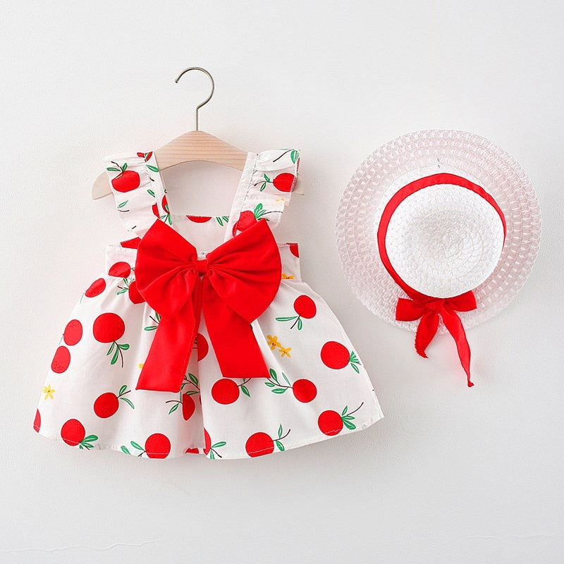 Summer Baby Girls Floral Sleeveless Dresses with Sunhat Set