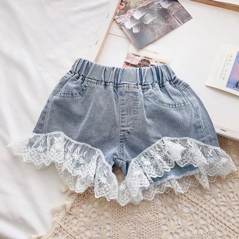 Stylish Summer Girl's Clothing Set with Bubble Sleeve Top and Denim Shorts