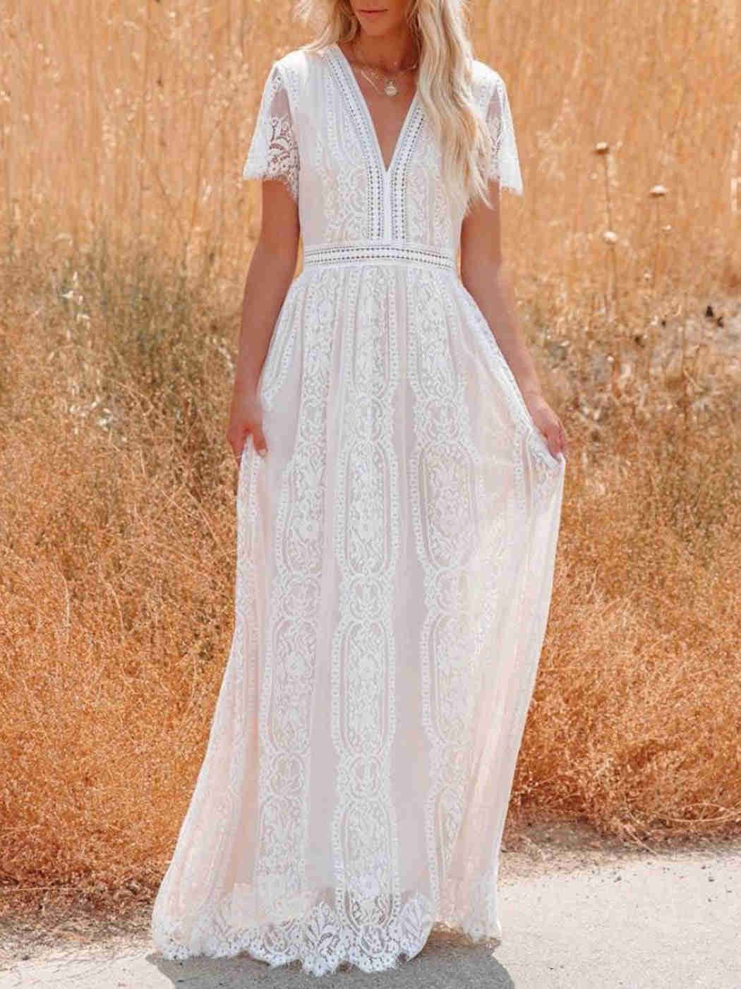Summer 2023 Boho Women's Embroidered White Lace Maxi Dress