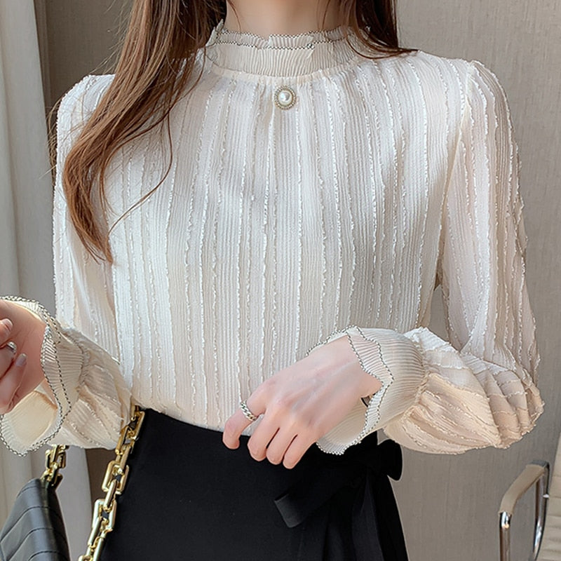 Midweight Long Sleeve Chiffon Stand Collar Blouse for Women