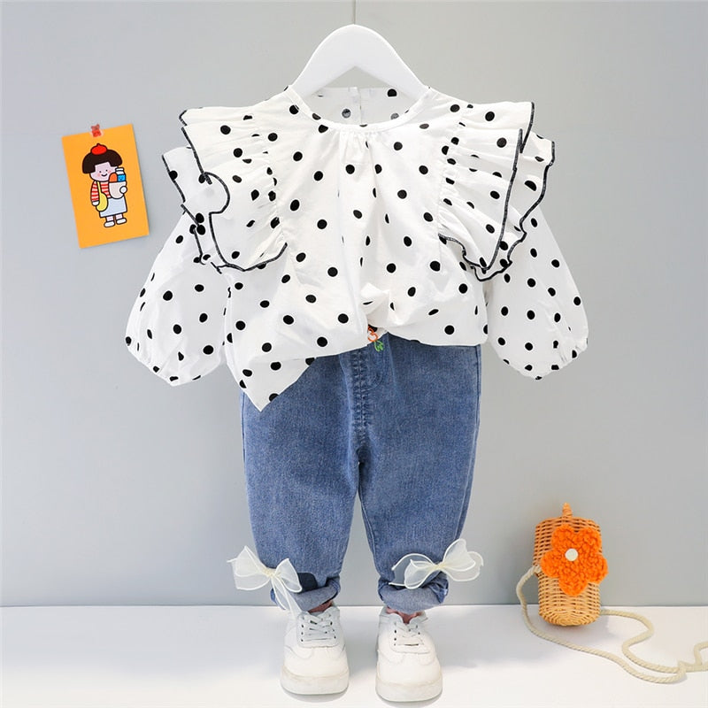 Spring/Autumn Girls' Polka Dot Lace Top & Bow-knot Jeans Set