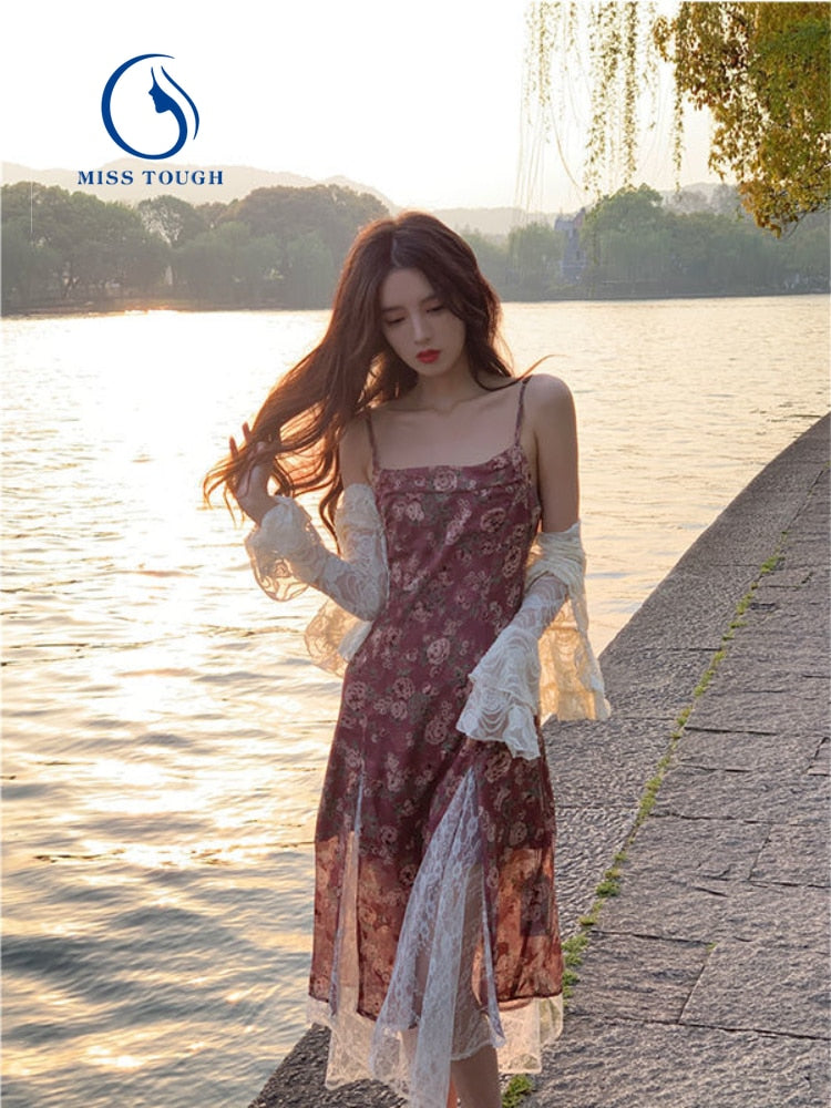 French Floral Vintage Strap Dress for Women - Chic, Elegant, and Sexy Beach Style 2 Piece Set