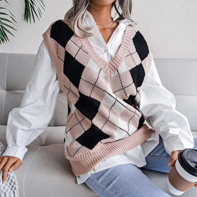 Stylish Women's Houndstooth Knitted Sweater Vest