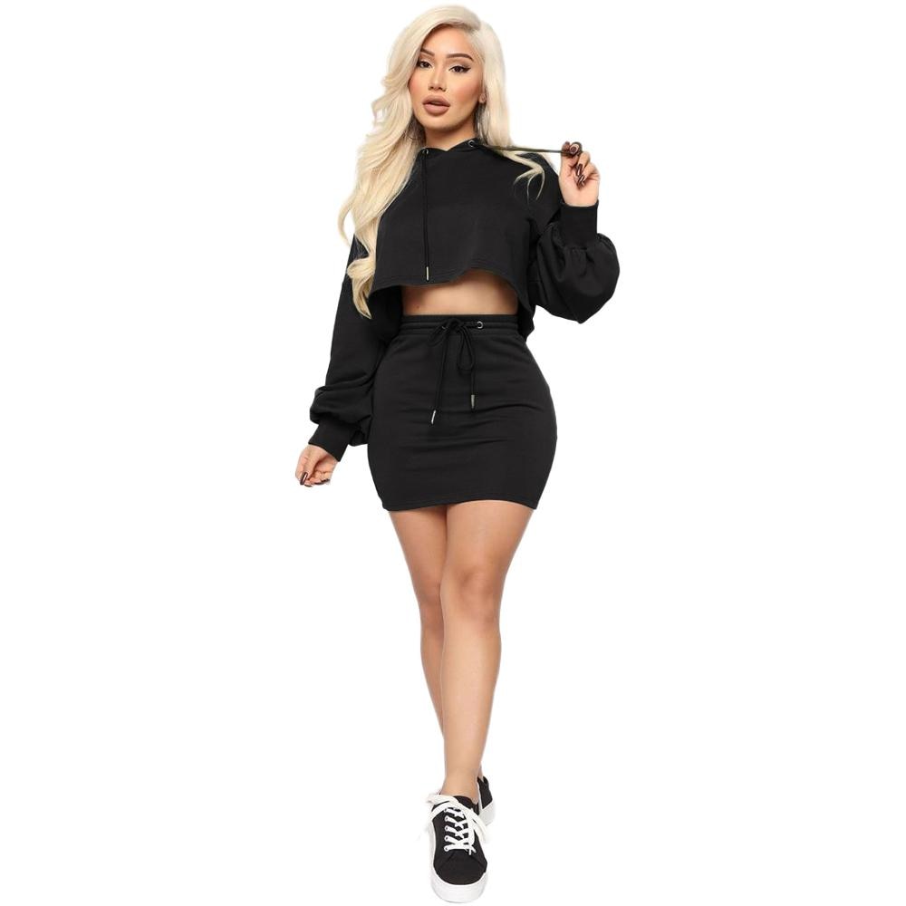 Women's Autumn Hooded Sweater & Mini Skirt Set