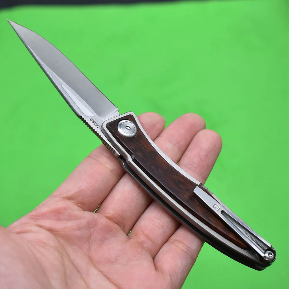 CR Serpentine Wood Handle Folding Knife, M390 Steel Blade, Mini Outdoor EDC Camp Gadget with Leather Case