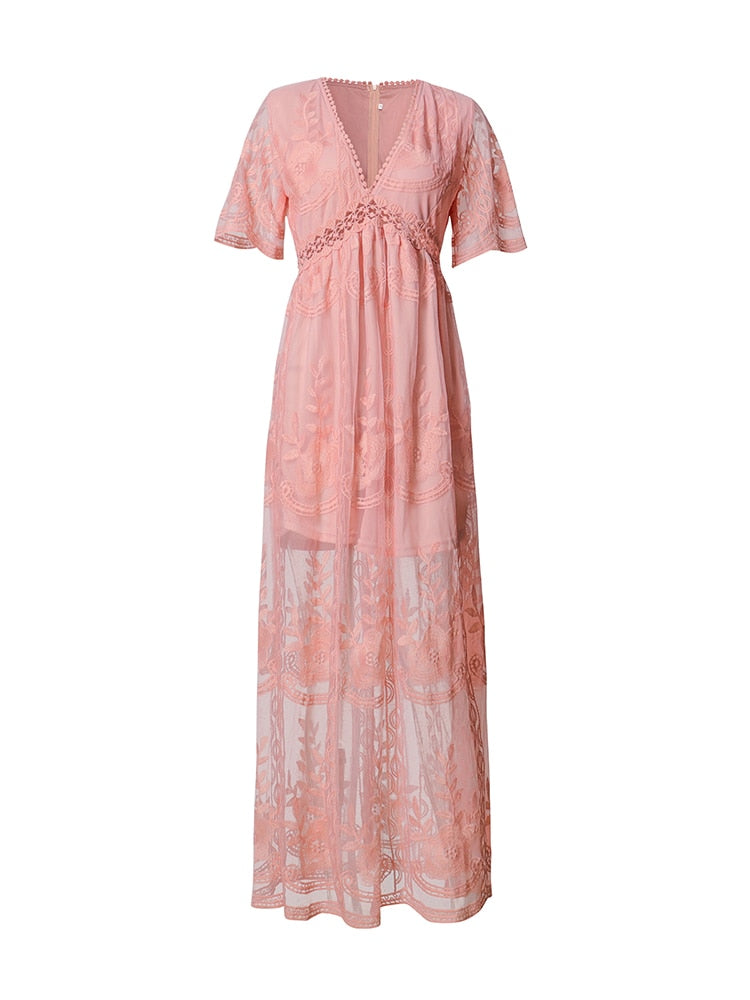 Summer 2023 Boho Women's Embroidered White Lace Maxi Dress