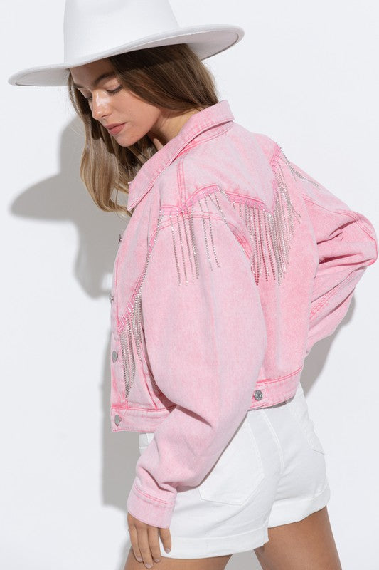 Stylish Denim Fringe Jacket with Rhinestone Embellishments