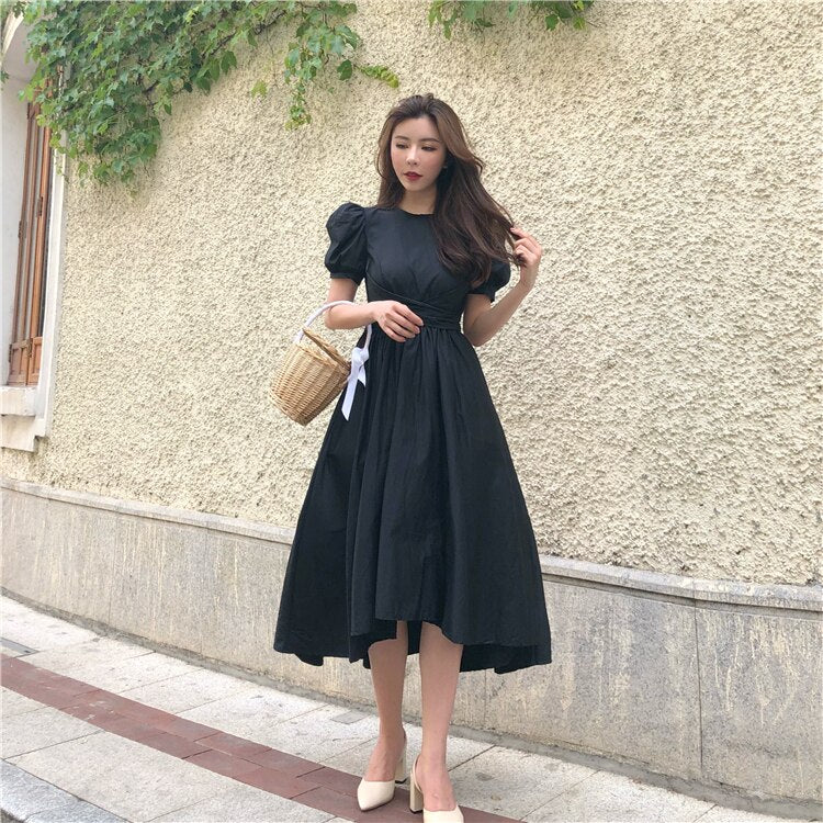 Elegant Puff Sleeve Party Dress with Big Bow