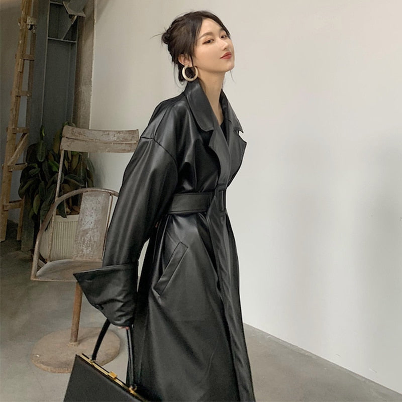 Lautaro Women's Oversized Leather Trench Coat - Long Sleeve, Belted, Fall Fashion