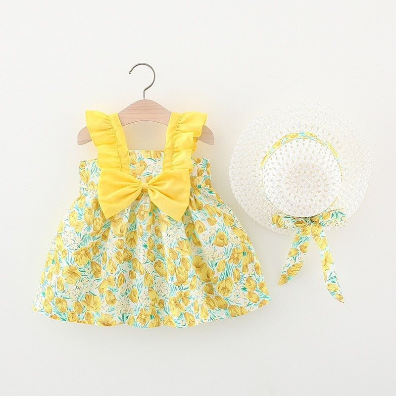 Summer Baby Girls Floral Sleeveless Dresses with Sunhat Set