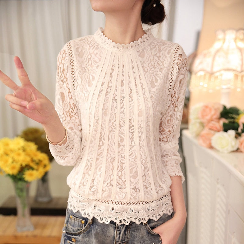 Elegant White Chiffon Lace Crochet Blouse for Women