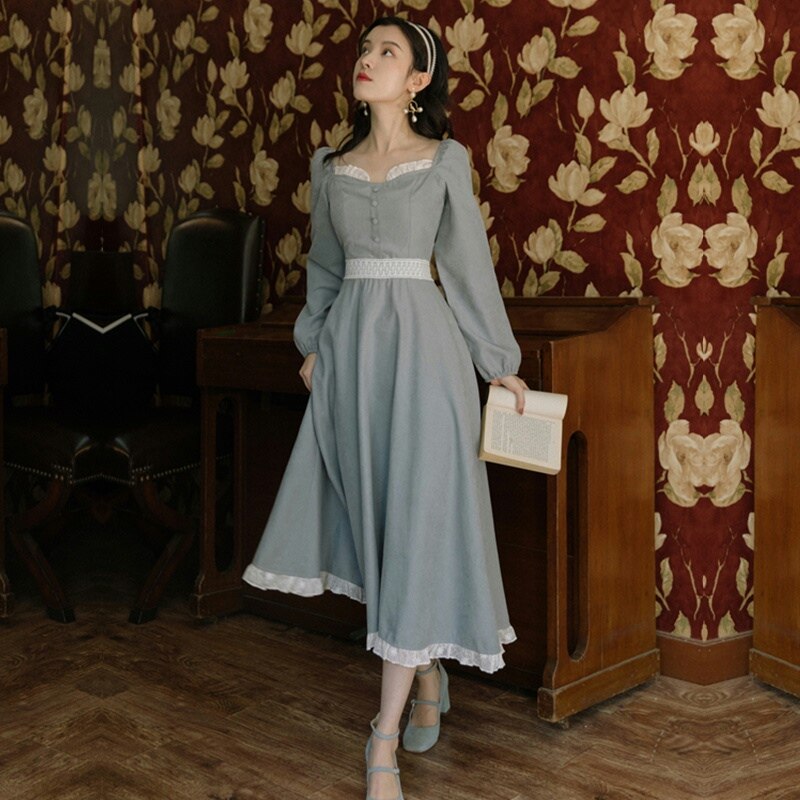 Kukombo Elegant Vintage Puff Sleeve Midi Dress