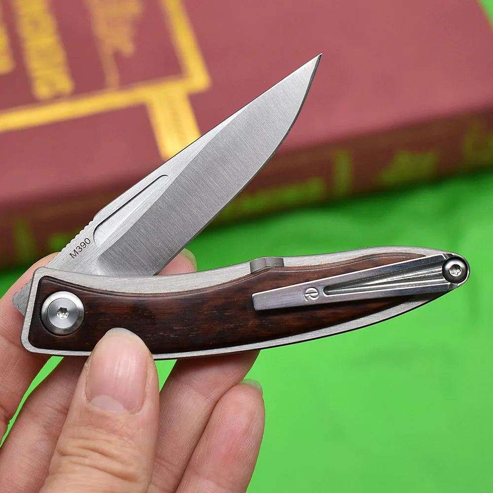 CR Serpentine Wood Handle Folding Knife, M390 Steel Blade, Mini Outdoor EDC Camp Gadget with Leather Case
