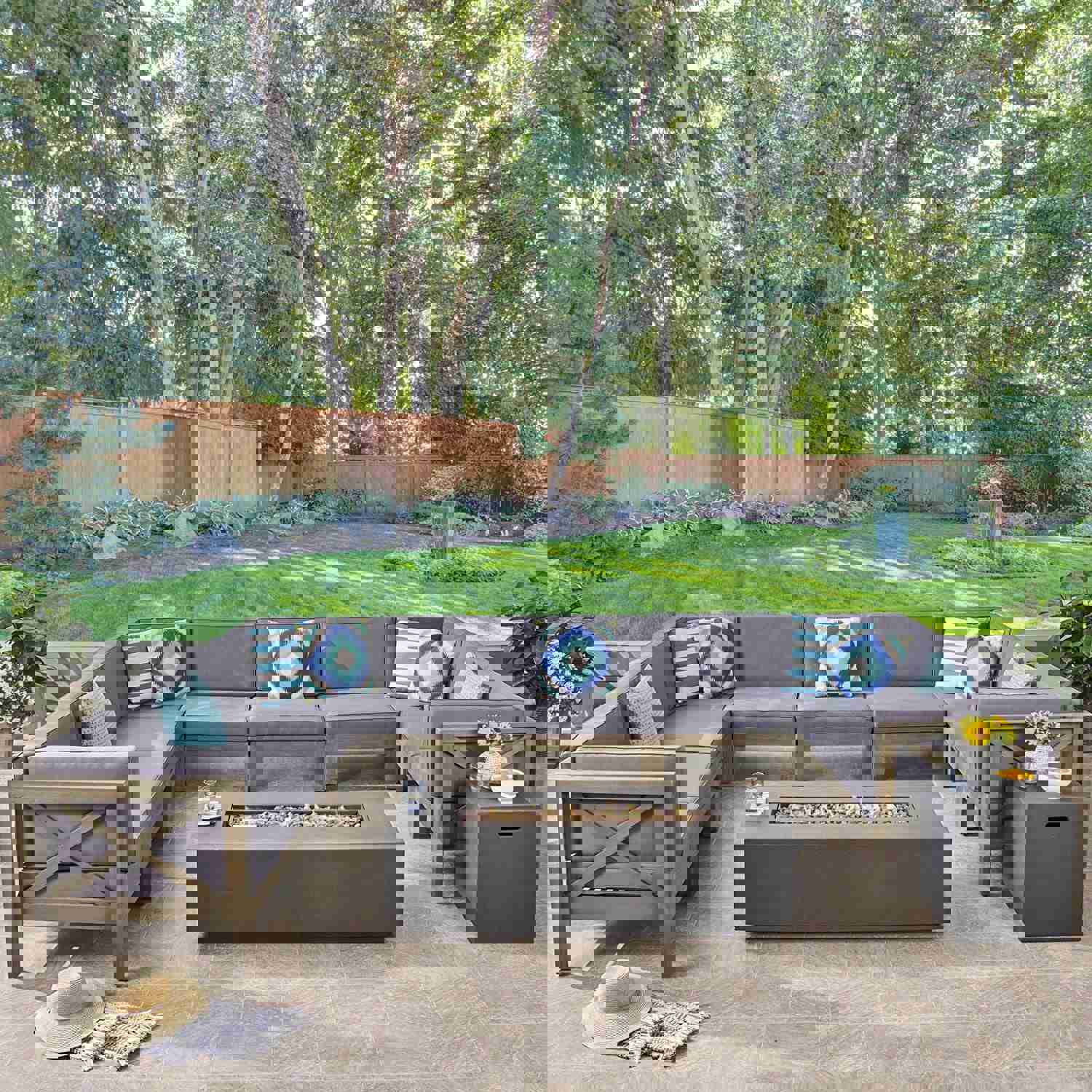 Luxury Outdoor Living: Cytheria 10-Piece Acacia Wood Sectional Sofa Set with Fire Pit