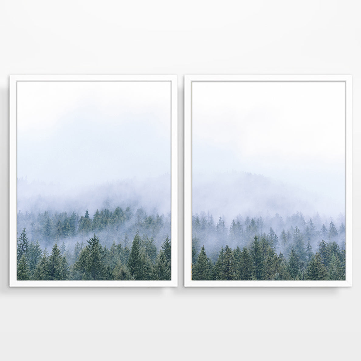 Ethereal Foggy Forest and Mountain Landscape Art Prints, Pair