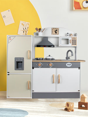 Interactive Wooden Play Kitchen Set with Ice Cube Dispenser and Refrigerator