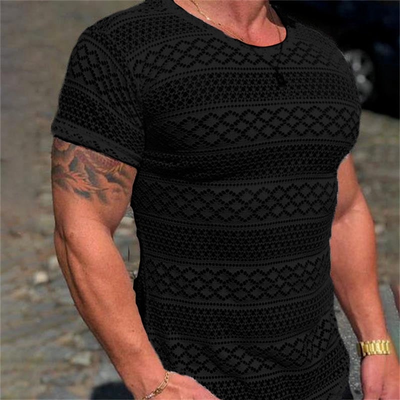 Men's Casual Short Sleeve T-Shirt, Lace Hollow Out Design