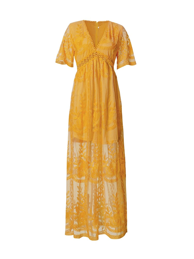 Summer 2023 Boho Women's Embroidered White Lace Maxi Dress