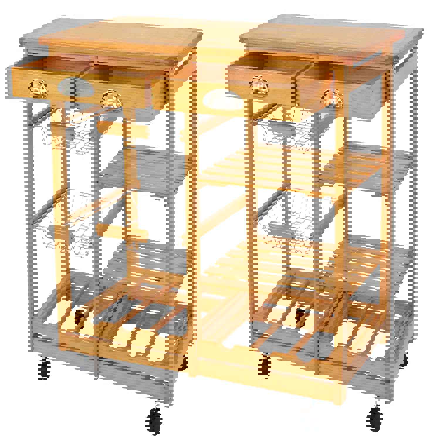 Pine Wood Rolling Kitchen Trolley with Storage Drawers and Bottle Rack