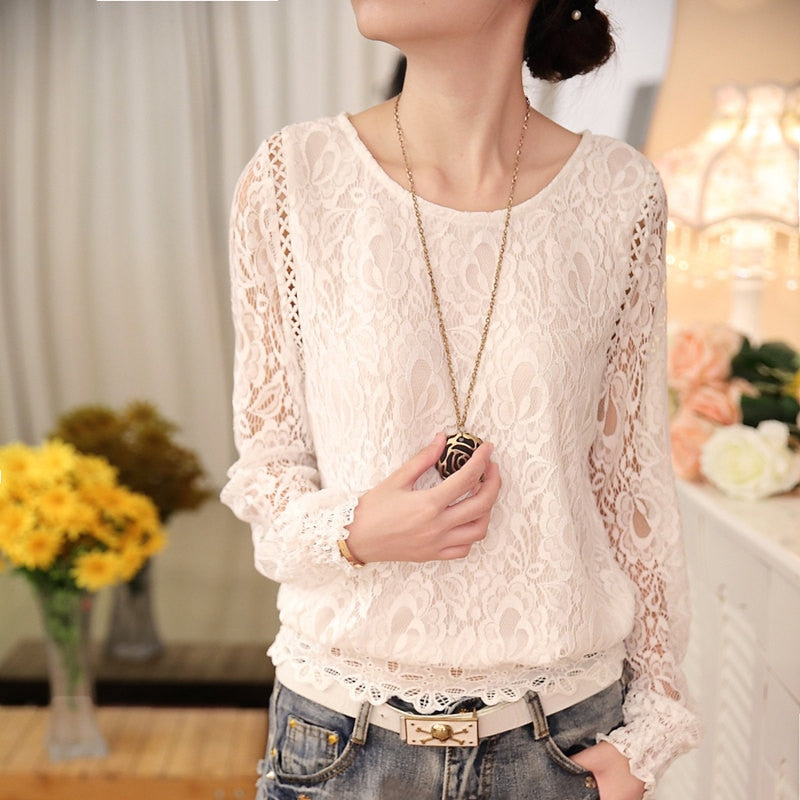 Elegant White Chiffon Lace Crochet Blouse for Women