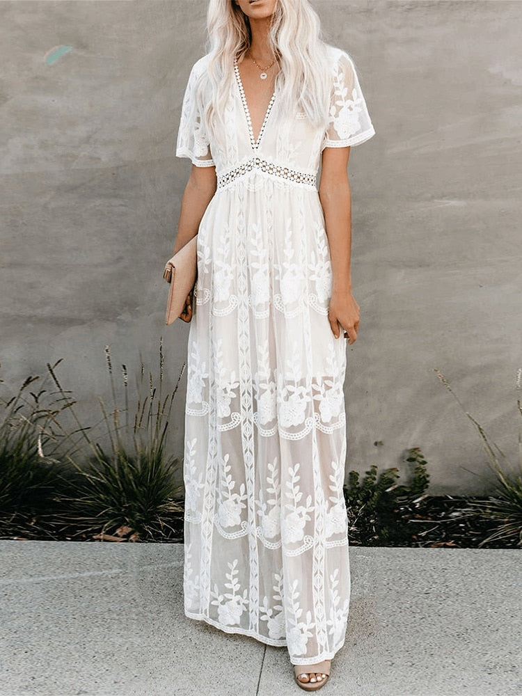 Summer 2023 Boho Women's Embroidered White Lace Maxi Dress