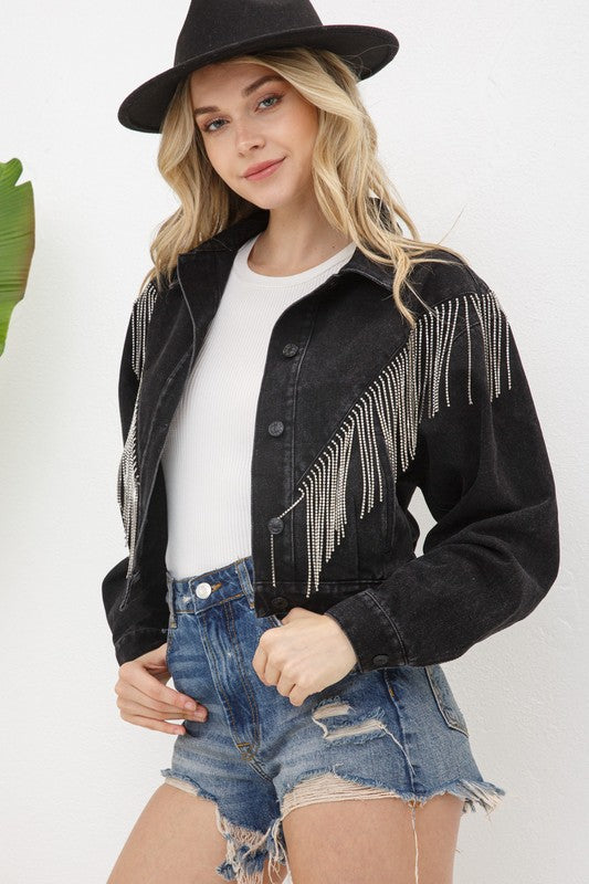 Stylish Denim Fringe Jacket with Rhinestone Embellishments