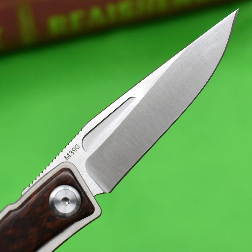CR Serpentine Wood Handle Folding Knife, M390 Steel Blade, Mini Outdoor EDC Camp Gadget with Leather Case