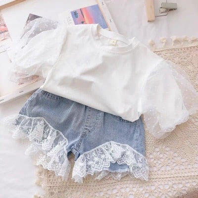 Stylish Summer Girl's Clothing Set with Bubble Sleeve Top and Denim Shorts