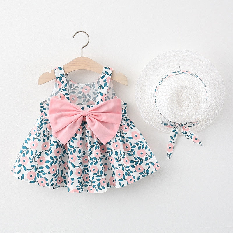 Summer Baby Girls Floral Sleeveless Dresses with Sunhat Set