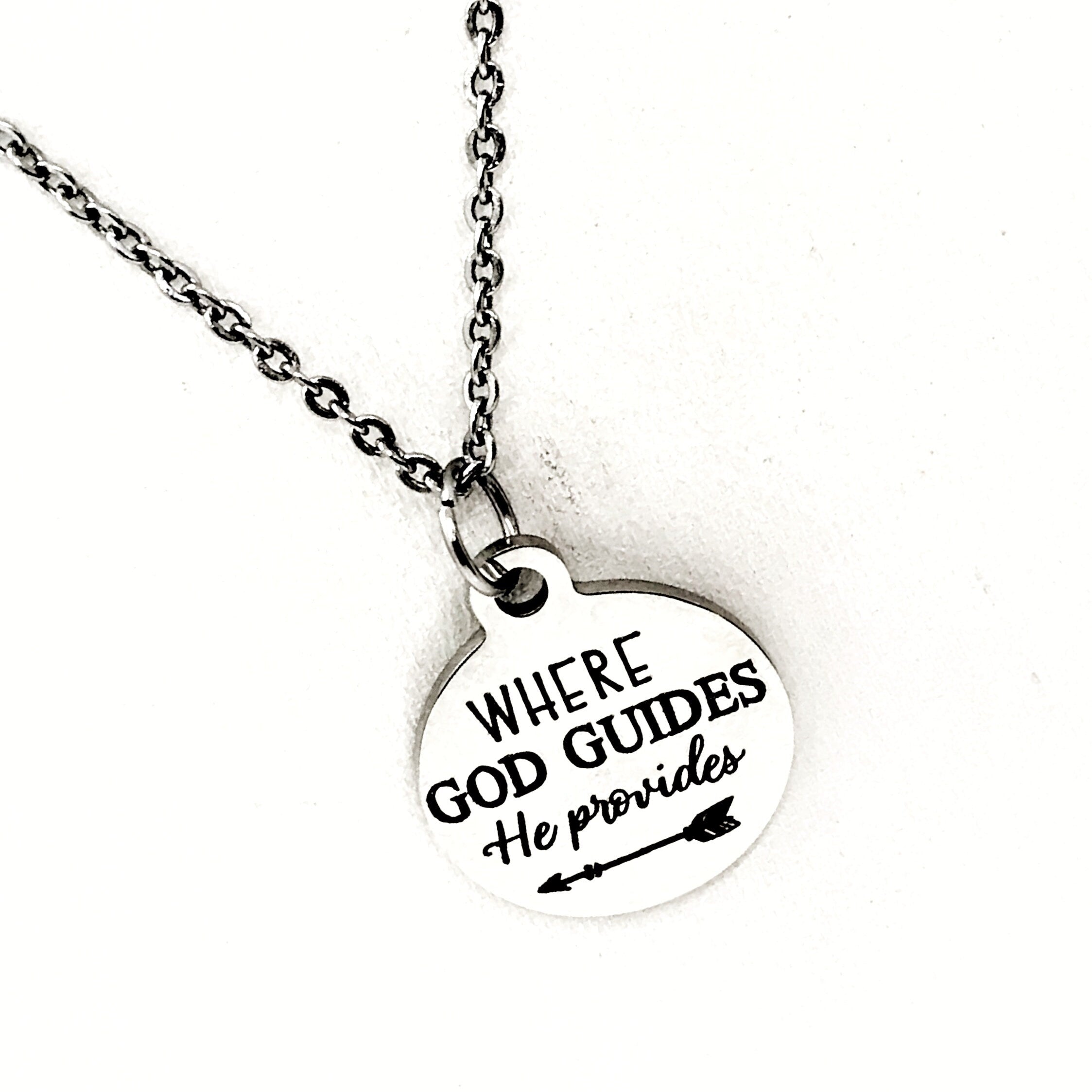 Stainless Steel Engraved 'Where God Guides, He Provides' Pendant Necklace