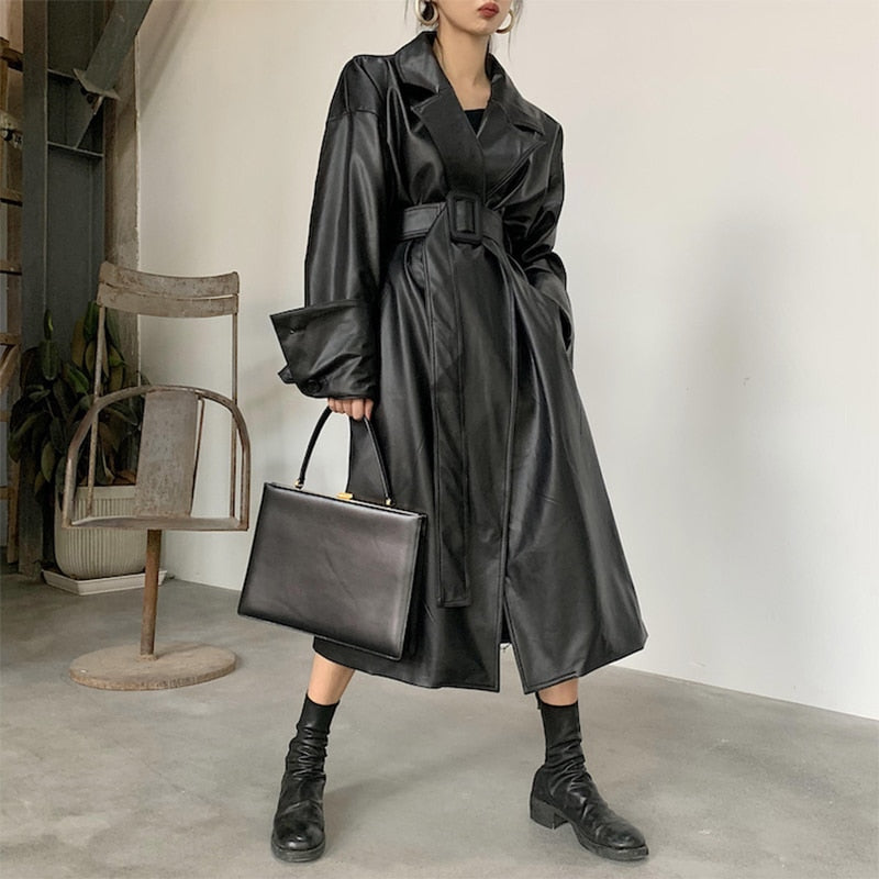Lautaro Women's Oversized Leather Trench Coat - Long Sleeve, Belted, Fall Fashion