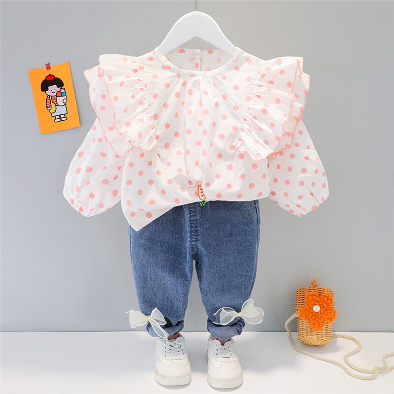 Spring/Autumn Girls' Polka Dot Lace Top & Bow-knot Jeans Set