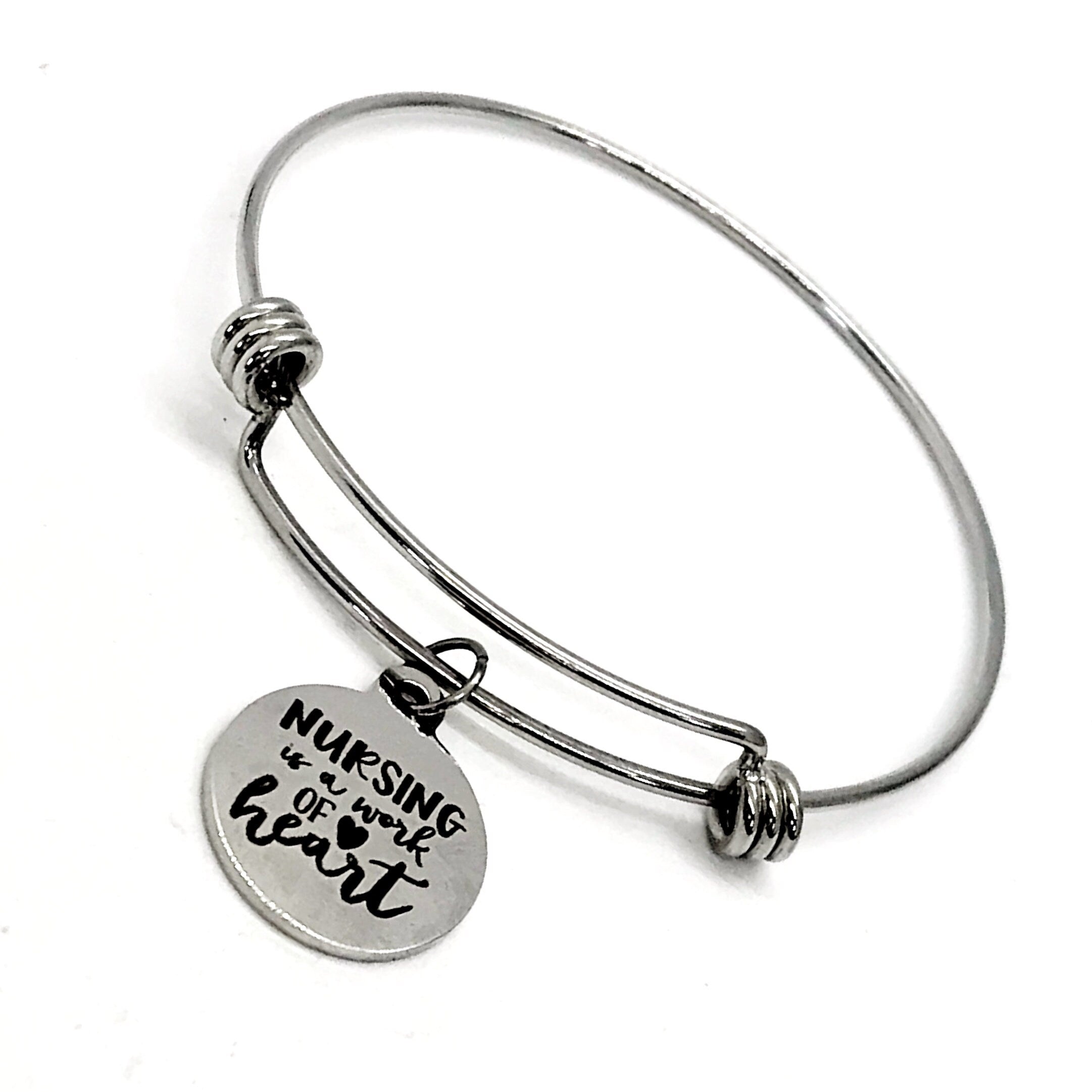 Nurse Appreciation Gift - Stainless Steel Heart Charm Bangle