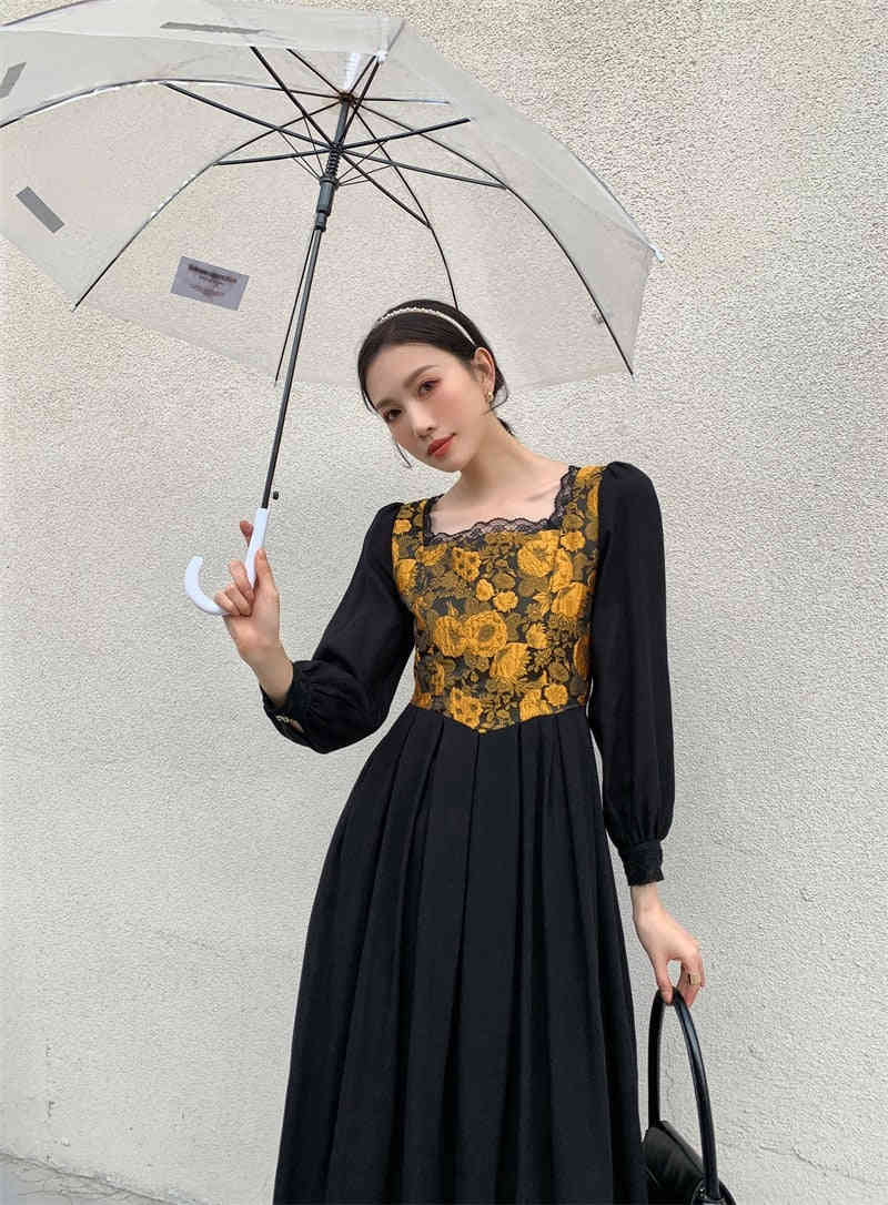 Kukombo Women's Black Floral Print Dress