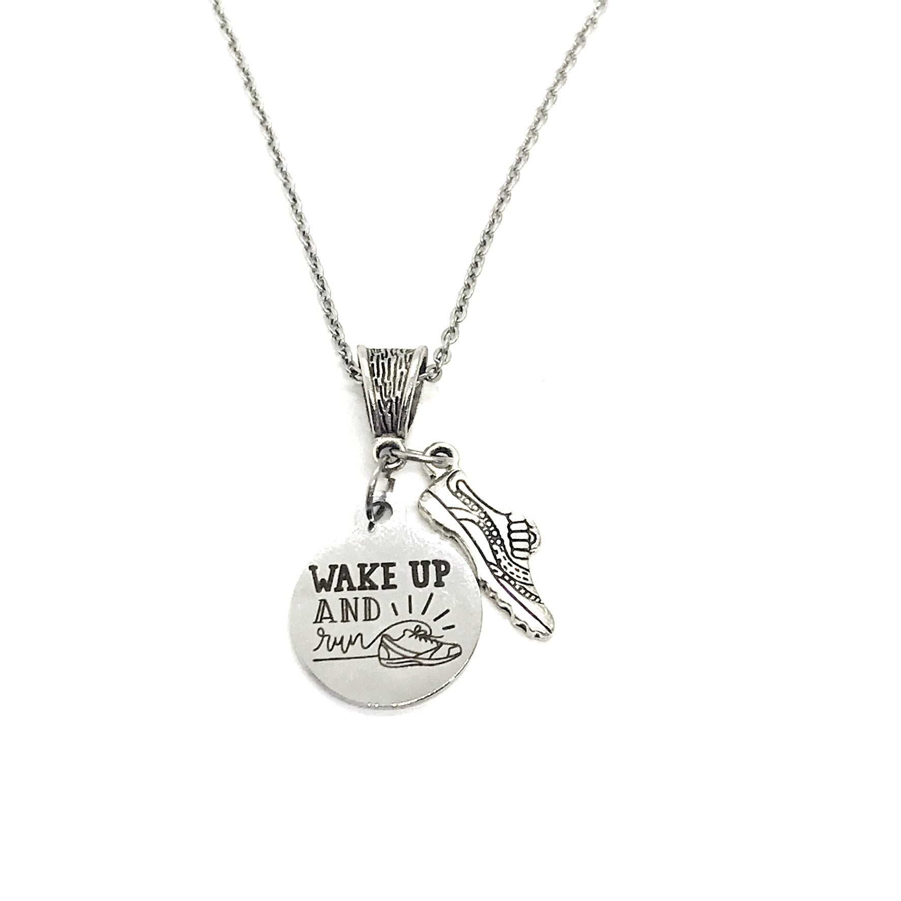 Stainless Steel "Wake Up and Run" Inspirational Runner Necklace