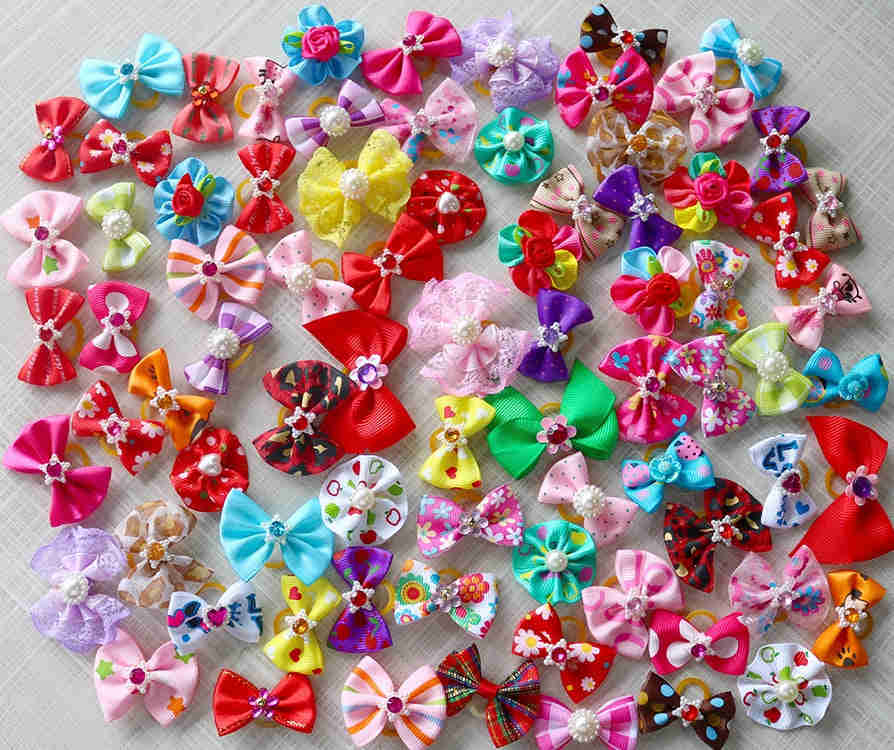 Glamorous Pet Dog Hair Bows Set - 100pcs with Rhinestones and Pearls