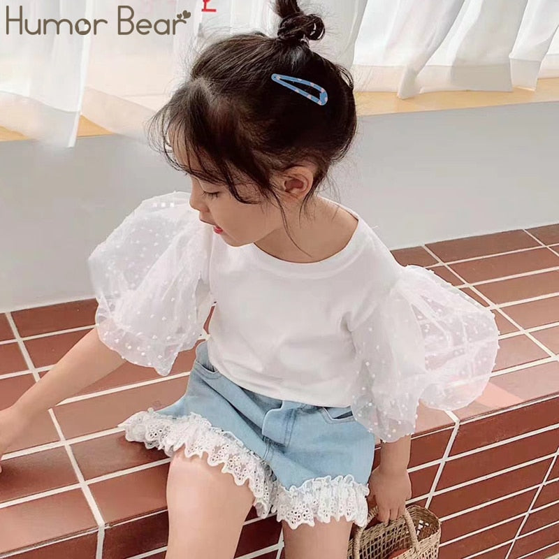 Stylish Summer Girl's Clothing Set with Bubble Sleeve Top and Denim Shorts