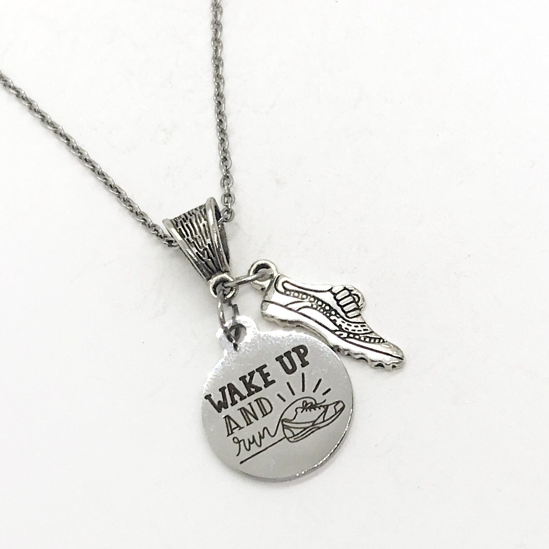 Stainless Steel "Wake Up and Run" Inspirational Runner Necklace