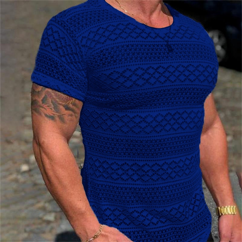 Men's Casual Short Sleeve T-Shirt, Lace Hollow Out Design