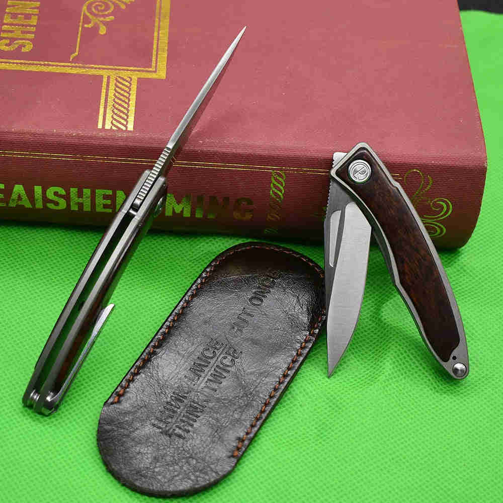 CR Serpentine Wood Handle Folding Knife, M390 Steel Blade, Mini Outdoor EDC Camp Gadget with Leather Case