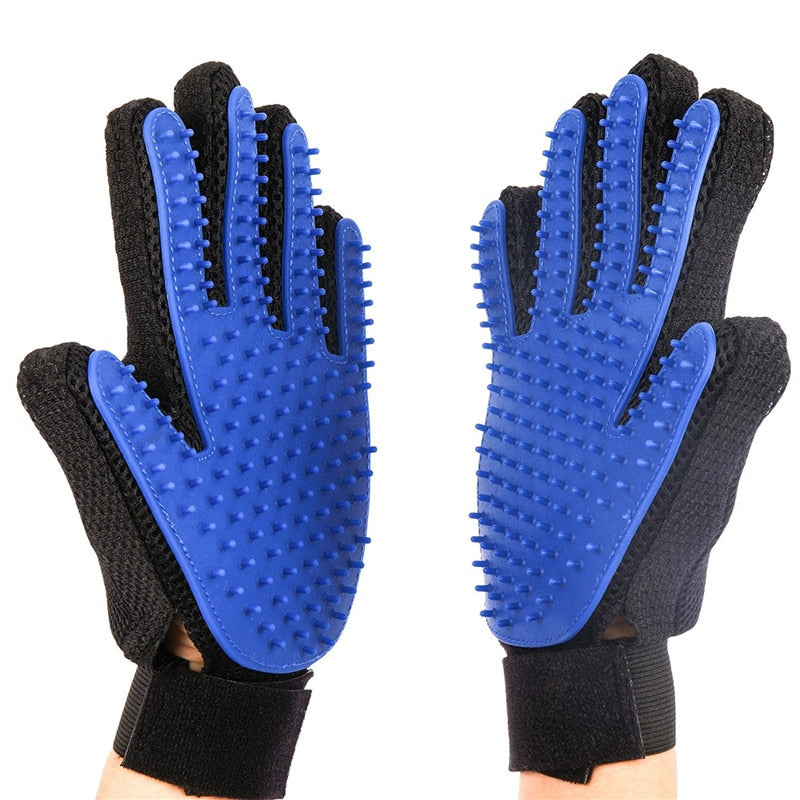 Stylish Blue Silicone Pet Grooming Glove with Rubber Feather for Dogs and Cats