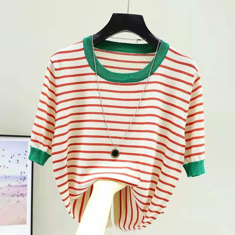 Elegant Striped Gauze T-Shirt for Women