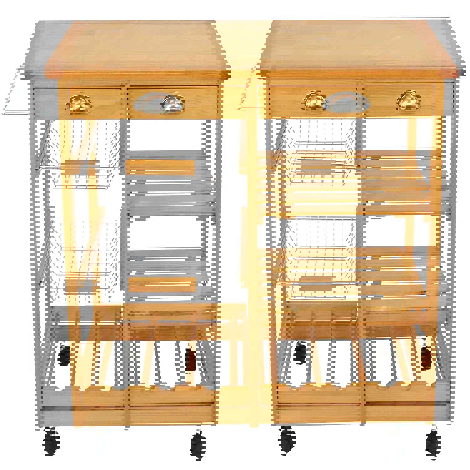Pine Wood Rolling Kitchen Trolley with Storage Drawers and Bottle Rack