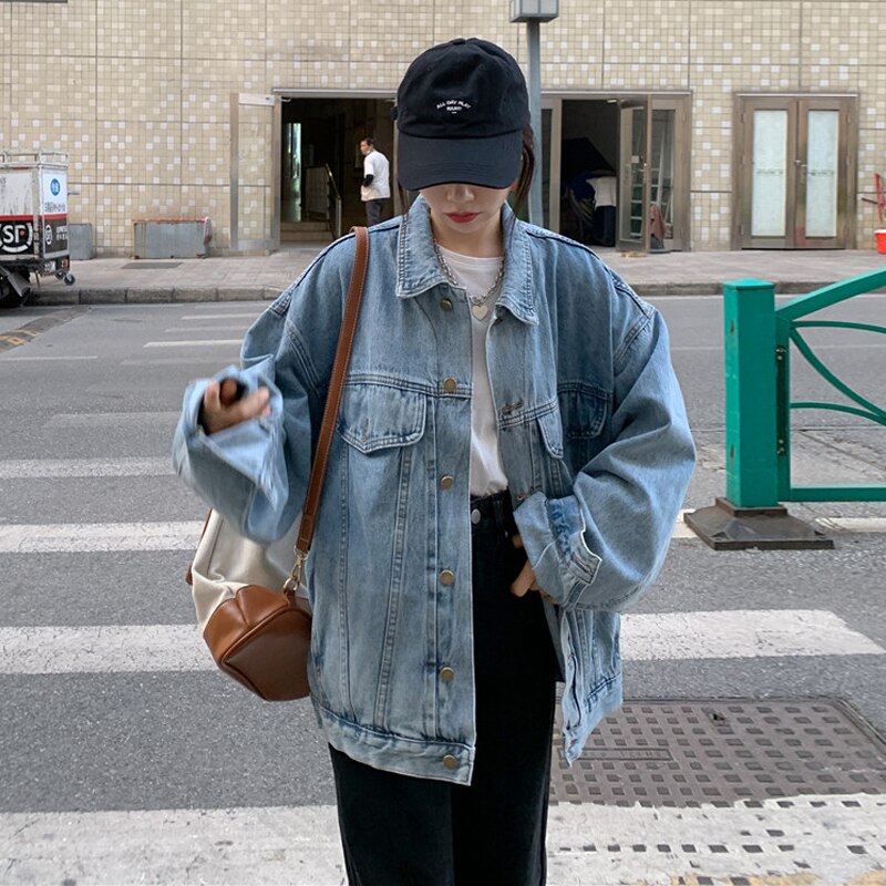 Kukombo Women's Autumn Denim Jacket with Turn-Down Collar