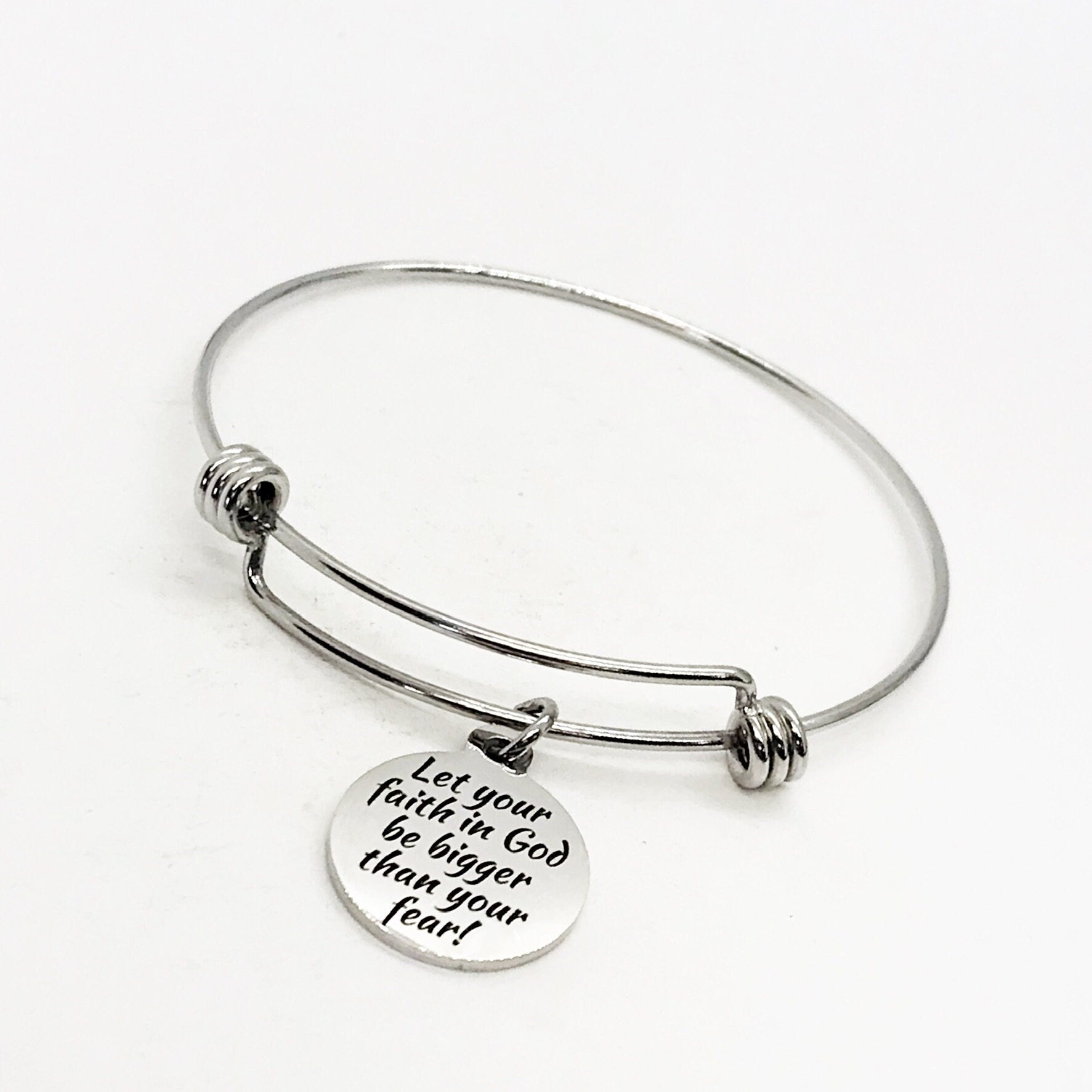 Faith-Inspired Stainless Steel Bangle with Engraved Charm