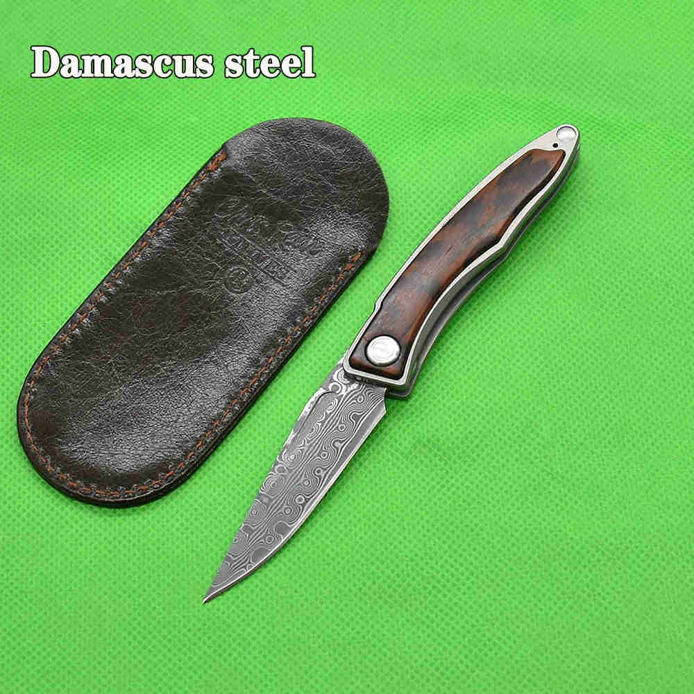 CR Serpentine Wood Handle Folding Knife, M390 Steel Blade, Mini Outdoor EDC Camp Gadget with Leather Case