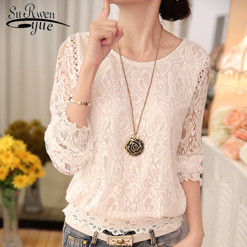 Elegant White Chiffon Lace Crochet Blouse for Women