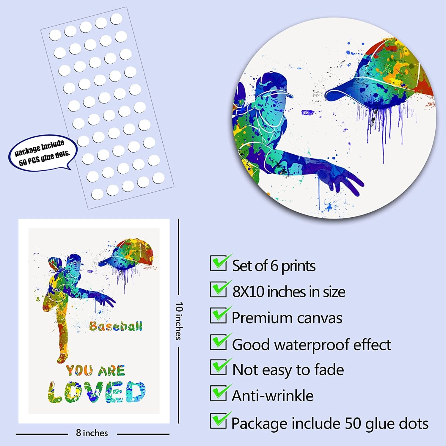 Inspirational Sports Wall Art Posters - Watercolor Spots for Kids' Rooms
