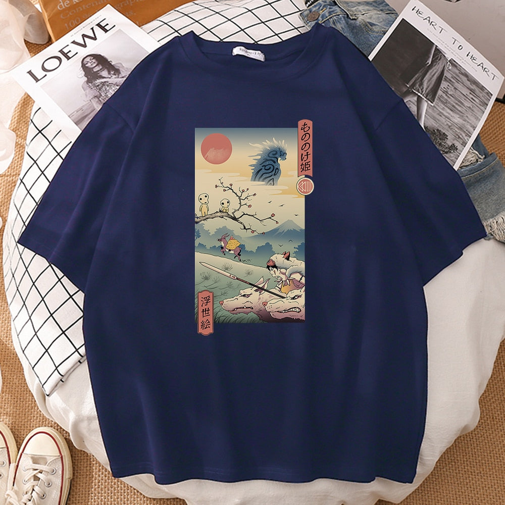 Epic Wolf Princess Ukiyo-e Graphic Tee - Men's Short Sleeve Casual T-Shirt